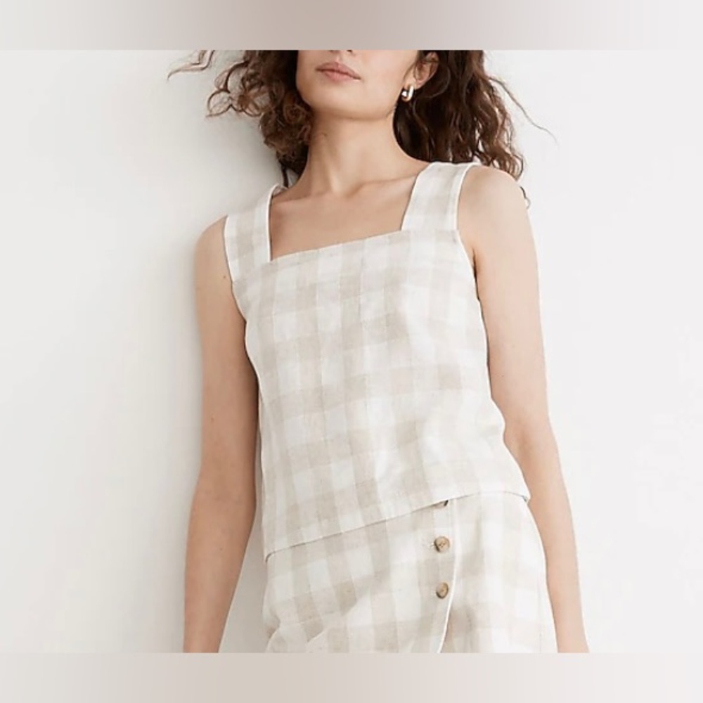 Madewell Linen Blend Sunside Button Bank Tank Top Gingham